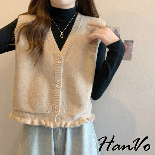 HanVo 木耳邊V領針織背心 - 韓系保暖毛衣上衣