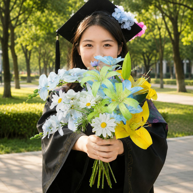 高品質模擬花 畢業手捧花花束, 半夏向晴 材料包 送紮帶, 1個