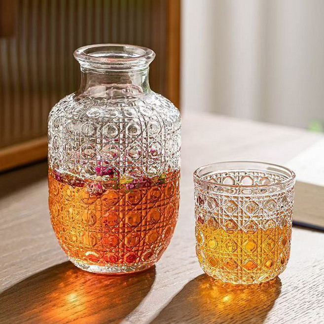 複古浮雕玻璃冷水壺套裝,一壺一杯, 1個, 一壺一盃送木塞,550150防摔泡沫盒