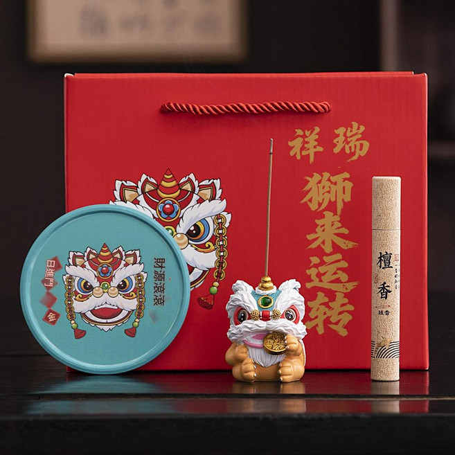 醒獅線香香插 茶道擺件, 青色 瑞獅香插 託盤 檀香一盒 禮盒, 1套, 杯具
