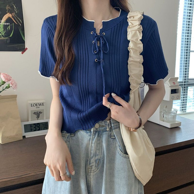夏季新款薄款冰絲針織衫女短袖設計感小眾短款半袖T恤上衣