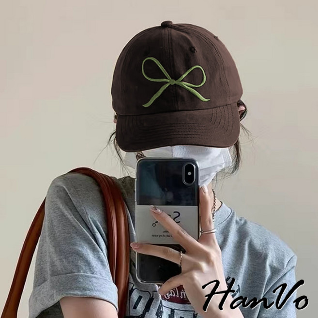 HanVo 蝴蝶結刺繡棒球帽 夏日遮陽鴨舌帽 女帽子 C01-8190
