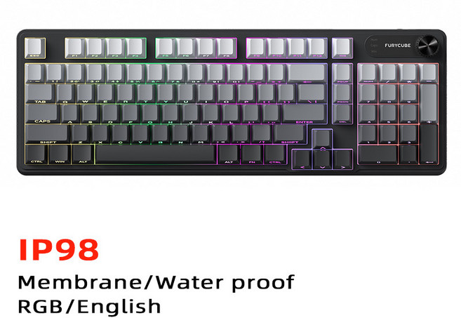 FURYCUBE IP98 Gasket RGB 鍵盤 (英), 98鍵/極晝側刻A【三模有線+無線2.4g+藍牙】RGB/防水, 藍牙無線機械鍵盤防水電競鍵盤, 98鍵
