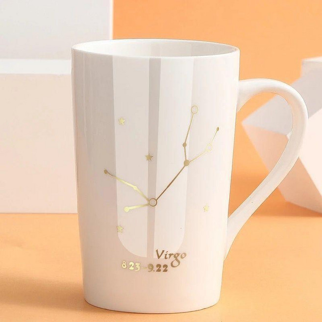 星座陶瓷馬克杯 附蓋送勺 精美禮盒裝, 1個, 天秤座 9.23-10.23 ,白色 帶蓋勺 精美禮盒裝