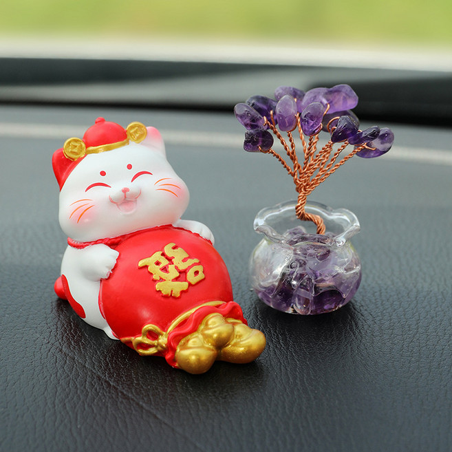 招財貓車載擺飾 創意卡通貓咪中控台裝飾, 發財暴富 紫水晶樹, 1個