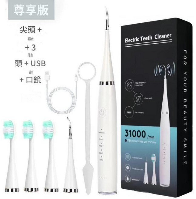 超聲波潔牙器電動牙刷 尊享款/基礎款 USB充電 含多種刷頭及口鏡, 尊享款白 3刷頭 尖頭 平頭 口鏡 USB資料線, 1個, 003
