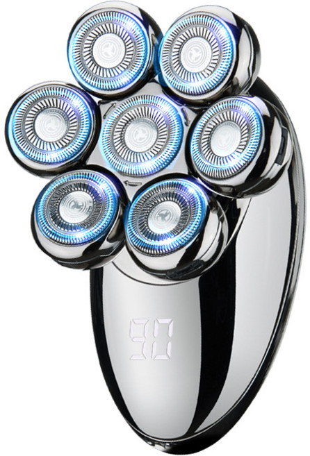 新款數顯七刀頭電動剃鬚刀光頭理髮器充電式多合一刮鬍刀批發, 標配+鼻毛+理髮+潔面, 全電鍍槍色七頭