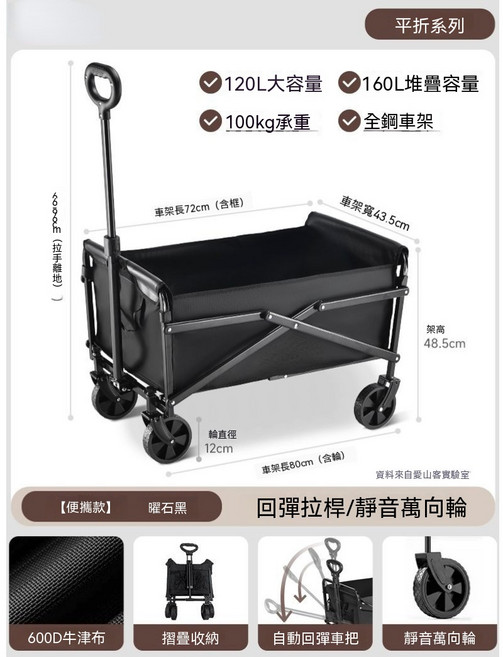 露營拖車 大容量折疊戶外野餐露營車 100kg承重 全鋼車架, 1個, 100.0公斤承重-曜黑-便攜款 靜音萬向輪+全鋼車架