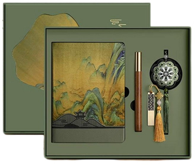 國潮古風千里江山絲綢手帳禮盒, 13020 - 綠 - 千里江山 絲綢本 木筆 u盤 香包 團扇 配禮盒禮袋, 1個