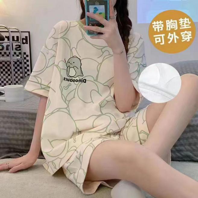 100%純棉睡衣女夏款2026新款帶胸墊一體短袖夏季少女士家居服套裝