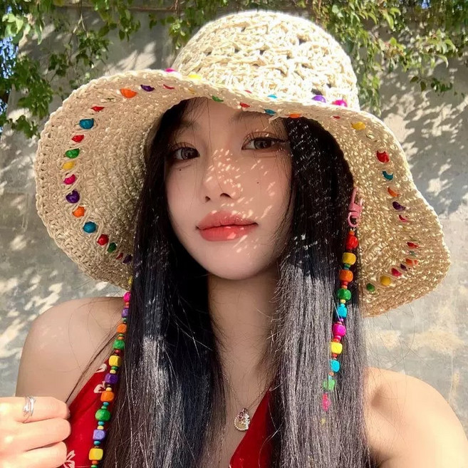夏季防曬遮陽草帽,海邊度假沙灘大簷漁夫帽,手工鉤織花朵設計
