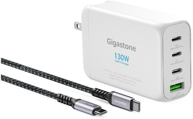 GIGASTONE 立達 氮化鎵 GaN 充電器 130W 快充 3C1A USB-C充電線, 白色, 1個