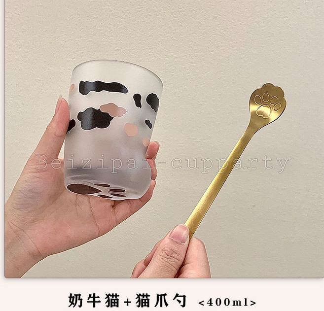 卡通漱口杯 可愛貓爪杯 磨砂玻璃杯 水杯 帶勺子, 磨砂黑色+貓爪勺,可愛貓爪杯400ML, 1個