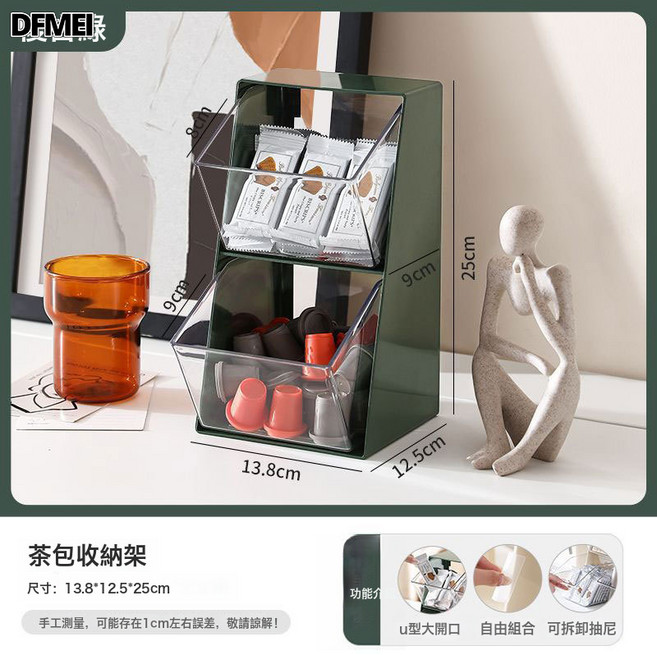 DFMEI 茶包收納盒茶葉咖啡膠囊收納架茶水間透明展示架桌面置物架子雜物, 1個, 復古綠:如圖