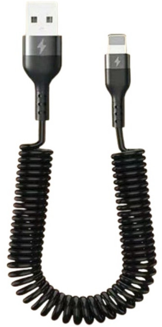 Type-C 伸縮彈簧充電線 5A超級快充, 黑色-USB-A to lightning, 1個, 2m