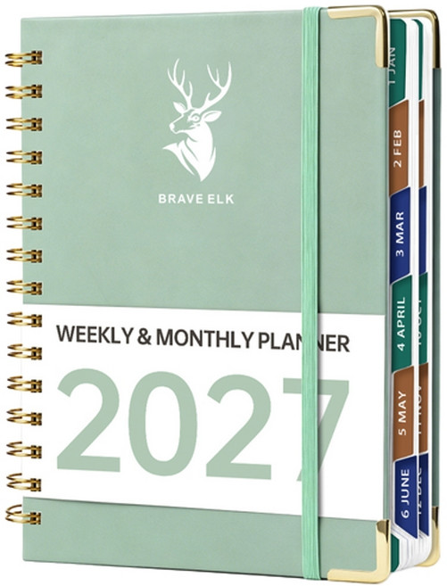 BRAVE ELK 2027年 A5 線圈週月計畫本 工作記錄日程本, 27 鹿頭 線圈缺邊日程本A5綠色 - 160張, 1個