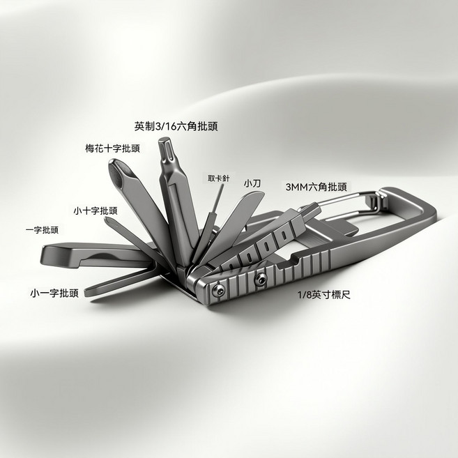 不鏽鋼多功能 EDC 掛扣小工具 開瓶器取卡針螺絲刀一体隨身鑰匙掛件, 1套, 14件套