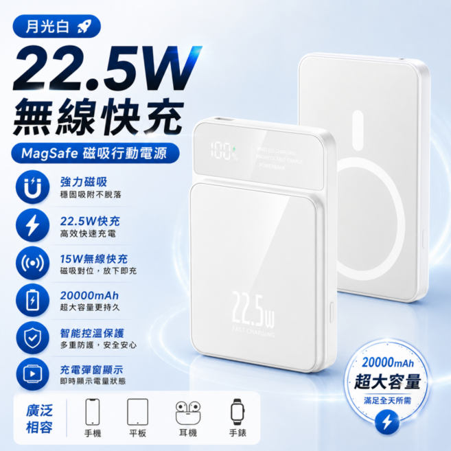 3Cwh認證 MagSafe行動電源20000mAh 無線磁吸行動電源 22.5W超級快充 迷你行動電源, 純白色-20000mah, 可登機3C標識+22.5快速充