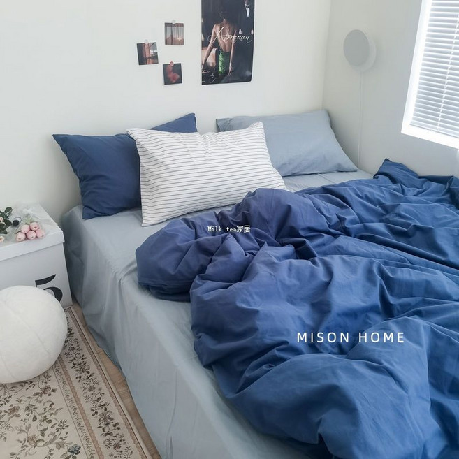 MISON HOME 克萊因藍水洗棉全棉床品四件套簡約風, 1個, 克萊因藍灰(枕套寶藍+白條紋)1.8床單款四件套被套200*230