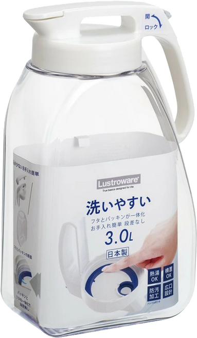 日本製 Lustroware 密封耐熱冷水壺 3L 可橫放果汁飲料壺, 白色, 1個