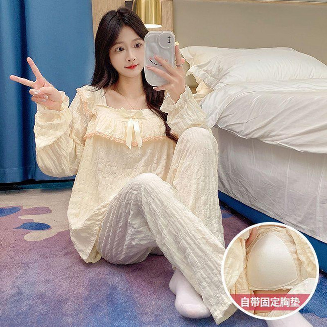 100%梭織棉 甜美公主風提花長袖睡衣家居服套裝
