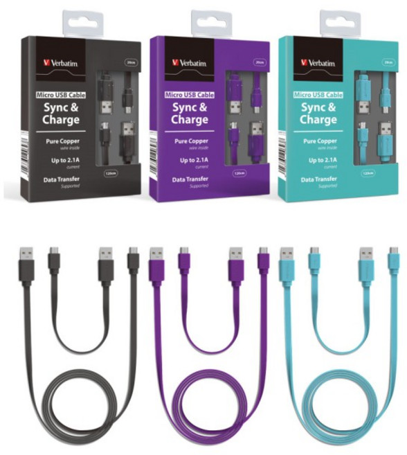 Verbatim 威寶 Micro USB 扁線充電傳輸線,120公分與20公分兩條裝,支援2.1A同步充電與資料傳輸,多色選擇適用安卓手機平板, 灰黑色, 1個
