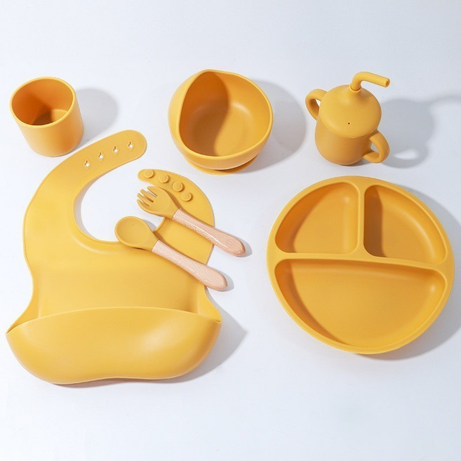 矽膠餐具套裝 副食品碗 寶寶餐盤 兒童分格盤 嬰兒吸盤式食品級矽膠碗 矽膠勺 矽膠水杯 矽膠圍兜套裝, 黃色 禮盒裝, 1個