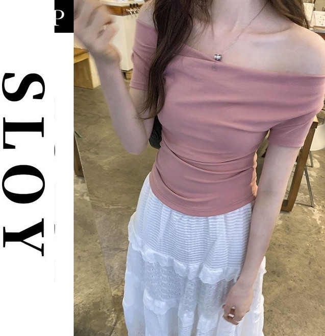 Fashion 夏季純慾風露肩上衣 一字領斜肩上衣 緊身收腰短袖上衣