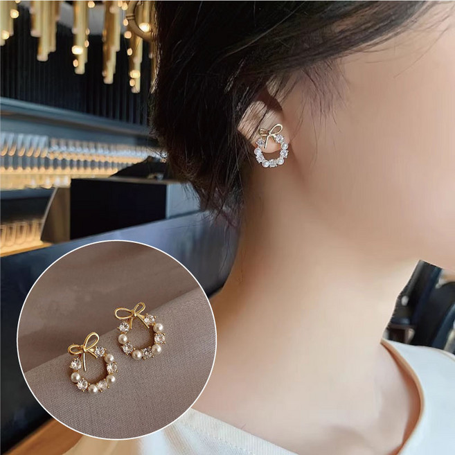 JANE 珍珠鑲鑽蝴蝶結耳環 S925銀耳針 簡約時尚 輕巧舒適 優雅品味