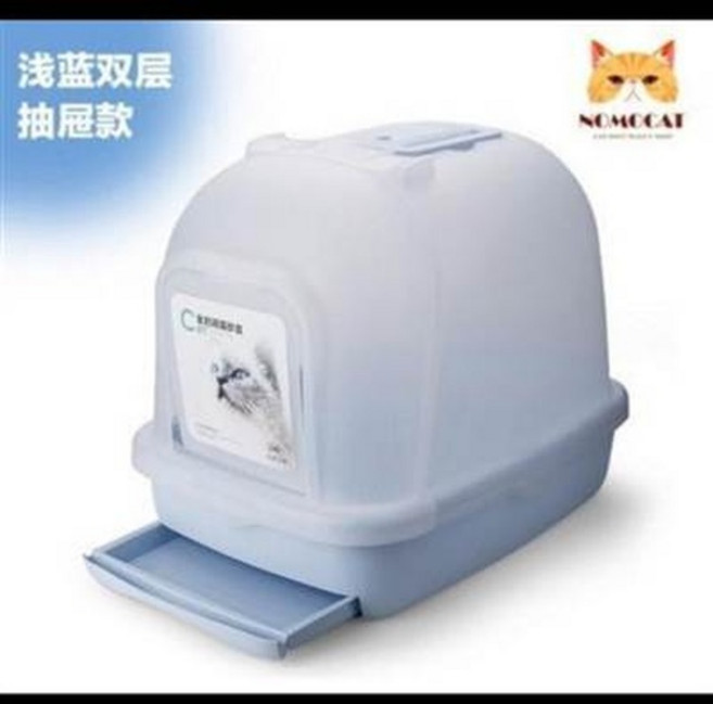 NOMOCAT 貓砂屋 淺藍雙層抽屜款, 1個, 1L, 貓砂盆全封閉抽屜式貓廁所封閉式大號貓沙盆貓屎盆超大雙層貓廁所