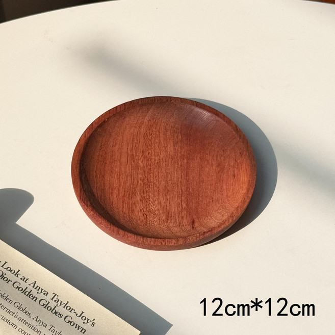 日式烏檀木托盤實木托盤餐廳甜品盤杯墊杯託首飾收納盤擺拍道具, 1個, 焦糖色, 圓形-12cm