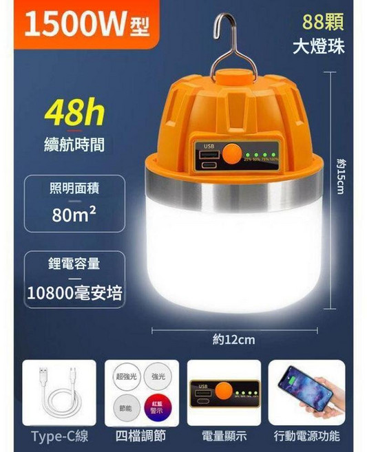 1000W 型 LED照明燈 24小時續航 8700mAh大容量, 1500W超亮款48h四檔 / 電顯 / U, 1個