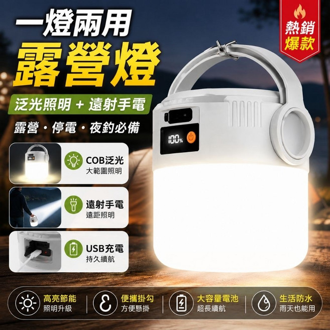 戶外露營燈 太陽能充電燈 雙光源照明 應急燈 夜釣燈, 1個