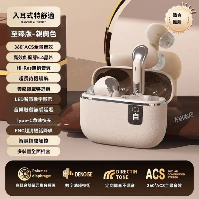 入耳式藍牙耳機 360度ACS全景音效 Hi-Res無損音質 藍芽5.4 無線藍牙耳機 Hi-Fi音質 半入耳式 降噪藍芽耳機 柏林之音 運動耳機, 旗艦版親膚色入耳式