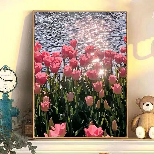 鬱金香數字油畫 DIY 填色手工畫 30*40CM, SJ01鬱金香1 50*60CM帶內框畫筆顏料, 1個