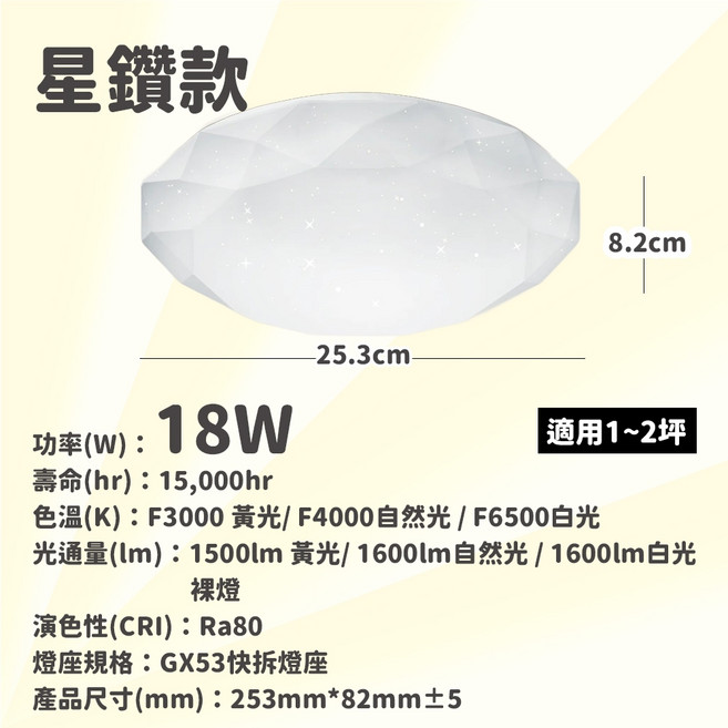 亮博士 滿月款 50W 吸頂燈 三色調光, 18W 星鑽,自然光