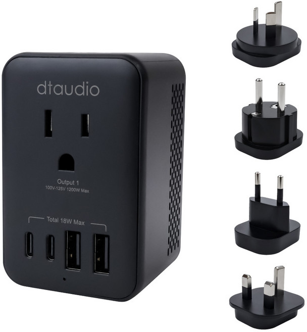 DTAudio聆翔 六合一 萬國旅行降壓轉接頭 1200W/六口輸出/溫度控制, 1個, 黑色