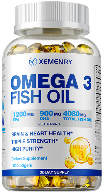 XEMENRY Omega 3 魚油 1200mg EPA 900mg DHA 4080mg 總魚油 腦心健康 三倍強度 無回嗝, 60組