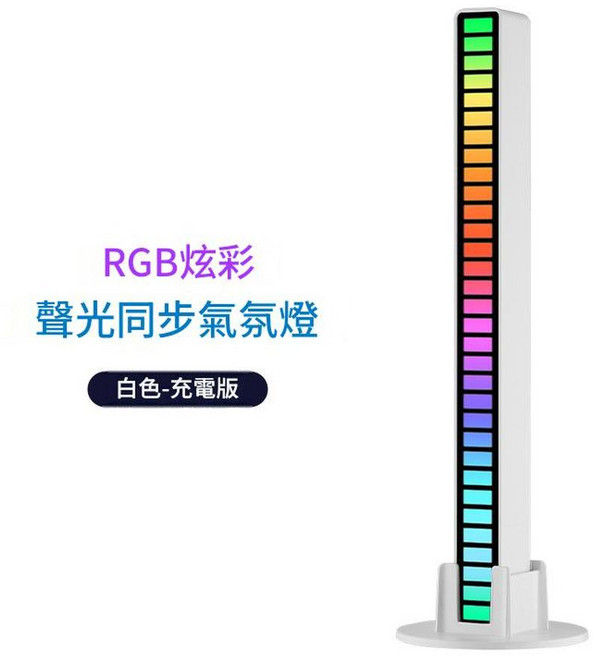 RGB聲控同步節奏燈 車載桌面感應音樂氛圍燈 創意LED拾音燈, 32燈 - 白色 Type - C插電款