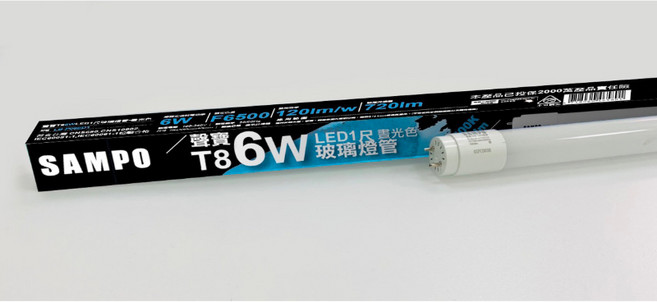 SAMPO LED T8 20W 玻璃燈管 晝光色 6500K, 1個, 聲寶 1尺,白光