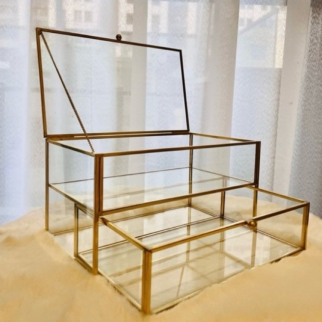 有感選物 復古黃銅金邊玻璃收納盒 首飾珠寶展示盒 水晶乾燥花多功能儲物盒, 1個, 抽屜長型玻璃盒20.5*11*10.5