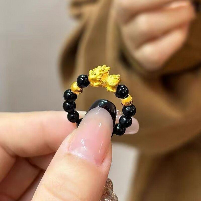 簡約可愛貔貅戒指 金色轉運珠 招財好運 情侶戒指