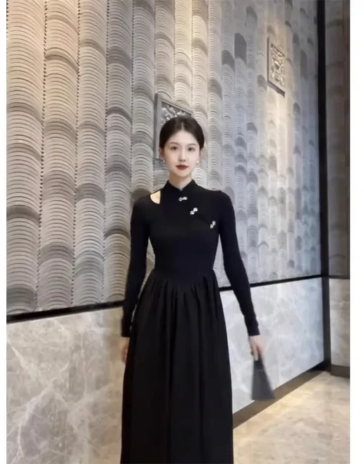 블랙 중국 스타일 롱 드레스 여성 패셔너블 우아한 가운 루제 리포메이션 시즌 긴 소매, 01 블랙 원피스, 04 엑스라지