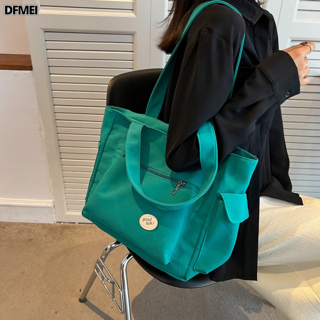 DFMEI 單肩包女大容量百搭帆布包學生簡約手提包休閒斜挎包補習包媽咪包, 綠色
