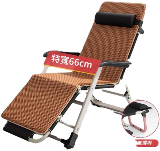 折疊躺椅午休床 特寬66cm, 豪華舒適頂配特寬66cm - 金剛黑清爽藤席墊頭部支撐按摩扶手, 1個
