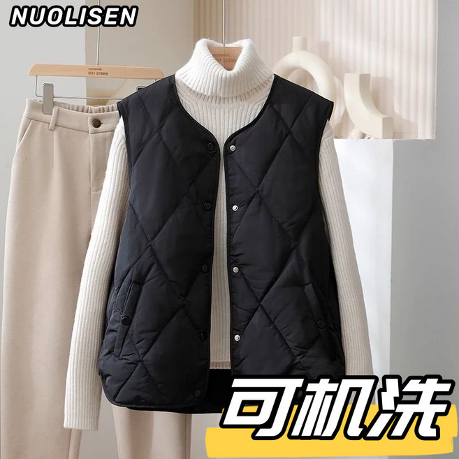 NUOLISON 女士羽絨棉馬甲 韓版秋冬無領輕便背心