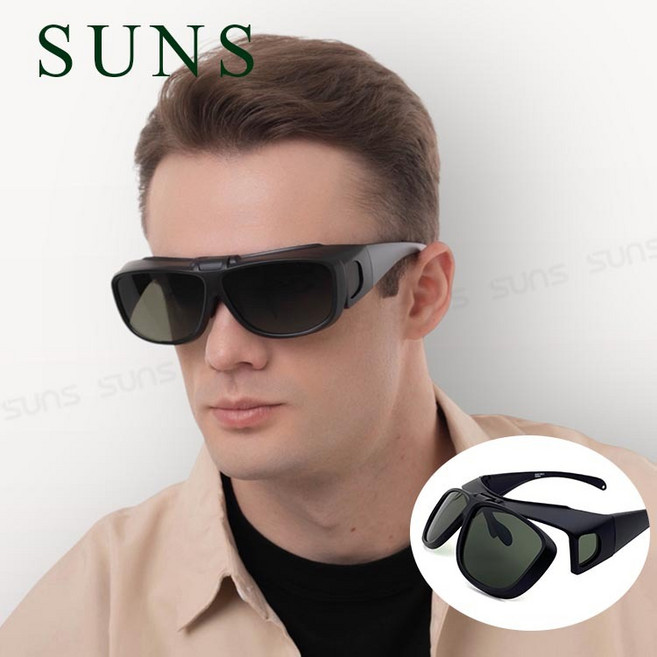 SUNS 頂級上翻式偏光太陽眼鏡 砂黑框墨綠鏡片 抗UV 防眩光 近視老花適用