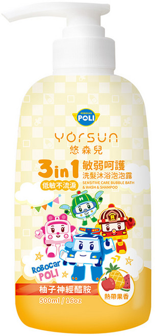 YORSUN 悠森兒 Robocar POLI 3合1洗髮沐浴泡泡露 熱帶水果香, 500ml/16oz, 1瓶