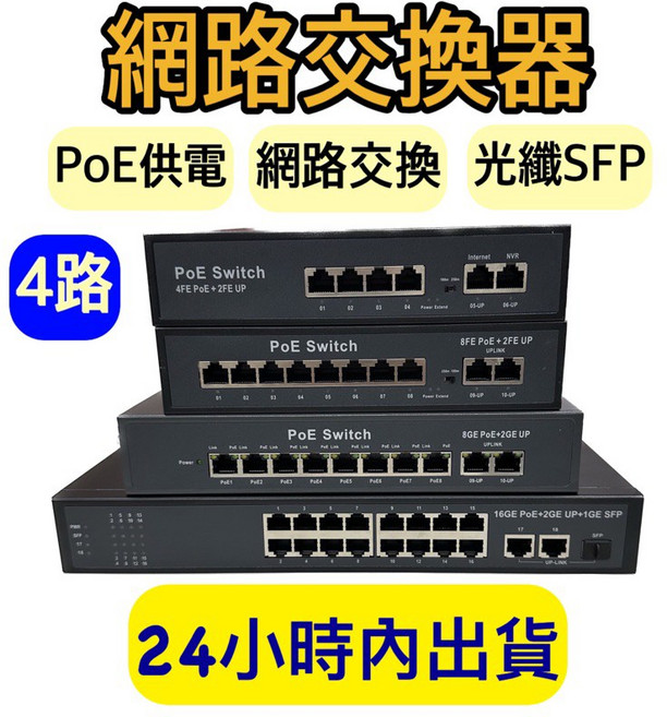 POE網路交換器 4路PoE 2路網孔 千兆 60W, 1個