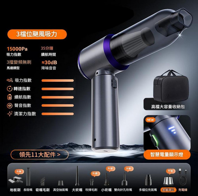 AUTOWOEL HL-127 無線充電迷你車載吸塵器 16000Pa 強勁吸力 三檔調節, 127pro | 3檔 | 15000PA | 牛津手提軟包, DL881014
